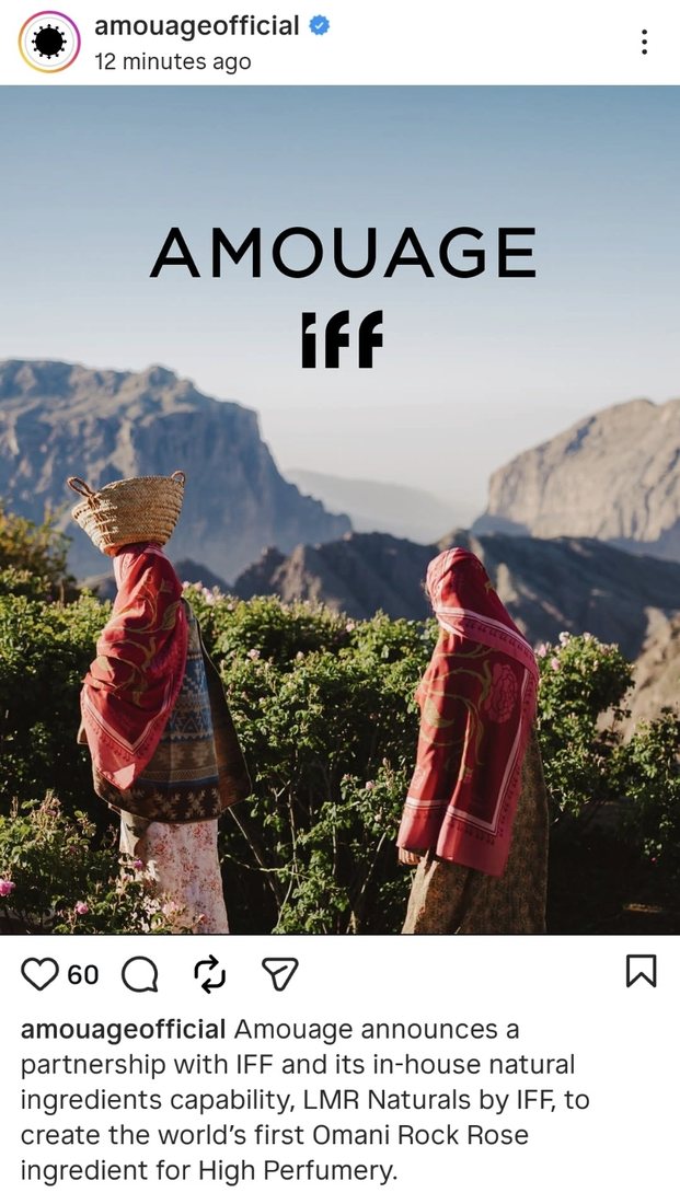 Amouage announces partnership with IFF and LMR Naturals — Instagram, July 2026